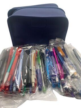 Assorted Gel Ink & Ballpoint Pens With Blue Zip Pouch - Mixed Colors & Brands -